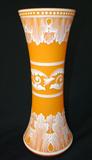 217 - Orange Satin Glass Vase with White Enameled Leaf Design (with Hair-Line Crack in Rim) 12.5 in. T. X 5.5 in. Dia.