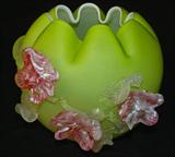 241 - Yellow Satin Rose Bowl with Applied Pink Floral Decoration Attributed to Stevens and Williams 5 in. T. X 6 in. Dia.