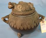243 - Double Handled Clay Central or South American Effigy Pot with Lid and Serpent Design Signed by Maker 6.75 in. T. X 9 in.
