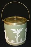 239 - Wedgwood Green Jasperware Biscuit Jar with Classical Decoration and Silver Plate Mounts 6 in. T. X 5.25 in. Dia.