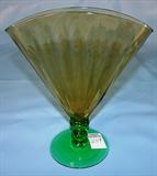 237 - Green Footed Signed Steuben Art Glass Vase with Amber Fan 8.5 in. T. X 7 in.