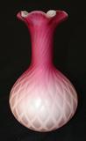238 - Quilted Pink Satin Glass Vase with Ruffled Rim 8.75 in. T. X 5.25 in. Dia.