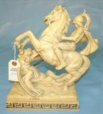 245 - Molded Composition Statuette Signed A. Santino of Knight on Horseback Slaying Dragon 10.5 in. T. X 10 in. W. X 4.5 in. D., opposite side