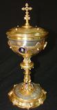 314 - French 800 Silver and Gold Chased Ciborium Marked F.F.800 w 8 Enamel Portraits of Saints, Silver Scene of Jesus & Deciples on Base, & Blue
