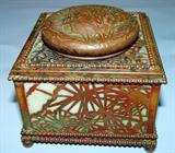 255 - Tiffany Bronze and Slag Glass Grapevine Ink Well 4 in. T. X 4 in. Sq.
