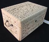 254 - Carved Ivory Tea Caddy w Three-Deminsional Scenes, Handles, & Pair of Silver Plate Tea Containers  (Some Damage) 8 in, inside view