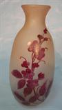 249 - Signed Legras Satin Art Glass Vase with Burgundy Floral Design 13.50 in. T. X 5.50 in. Dia.