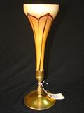 258 - Tiffany Gilt Bronze Footed Epergne Trumpet Vase with Aurene Feather Decoration 14.25 in. T. X 4.50 in. Dia.