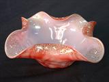 260 - Pigeon Blood Swirl on Pink Opalescent Art Glass Center Bowl with Gold and White Enameling with Ruffled Rim 4 in. T. X 10.50 in. Dia.