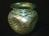 261 - Green Loetz Iridescent Art Glass Vase with Waves Design 8 in. T. X 7.50 in. Dia.