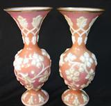 265 - Matching Pair of Possibly Phoenix Glass Pink and Embossed Art Glass Vases with White Floral and Vine Motif Design 14 in. T.
