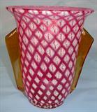 270 - Double-Handled Cranberry and White Art Glass Vase with Applied Amber Handles and Diamond Design 8 in. T. X 6.75 in. Dia.