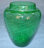 269 - Signed Steuben Green Art Glass Vase with Diagonal Swirl Design 8 in. T. X 6.25 in. Dia.