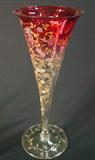 267 - Footed Cranberry Art Glass Vase with Enamel White and Blue Flowers and Gold Enameling 16 in. T. X 6 in. Dia.