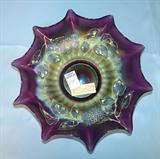 298 - Victorian Amethyst Hand-Blown Art Glass Bowl with Enameled Painting and Crimped Rim 3.50 in. T. X 12 in. Dia.