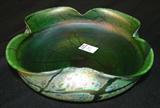 274 - Signed Loetz Iridescent Blue and Green Art Glass Center Bowl with Crimped Rim (Small Chips Around Rim) 2.75 in. T X 10.50 in. Dia.