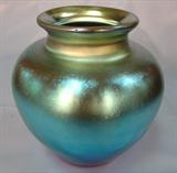277 - Signed Steuben Aurene Blue and Green Iridescent Art Glass Vase 7.75 in. T. X 7.50 in. Dia.
