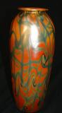 284 - Durand King Tut Design Iridescent Green and Tangerine Art Glass Vase 10 18 in. T. X 4 in. Dia.