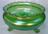 287 - Iridescent Green Tri-Footed Art Glass Center Bowl 5.75 in. T. X 9.5 in. Dia.