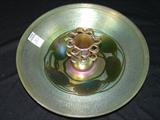 293 - Signed Tiffany Favrile Iridescent Art Glass Center Bowl with Center Frog and Trumpet Vase Holder 4 in. T. X 12.5 in. Dia.