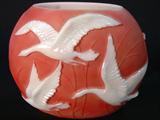 206 - Pheonix Glass Terracotta Vase with White Embossed Gesse 9.5 in. T. X 12 in. W.
