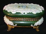 204 - Victorian Signed Wave Creast White and Jade Jewelry Box with Bronze Mounts and Enameled Flowers Painted on Top 8.5 in. X 5 in. X 5 in. T.