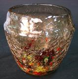 297 - Tiffany Per Clyde Gardner Crackle Glass Amber Art Glass Bowl with Polychromatic Spattering Design 7.5 in. T. X 7 in. Dia.