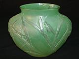 278 - Light Green Phoenix Art Glass Vase with Grasshoppers Design 7 in. T. X 8 in. W.