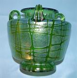 399 - Signed Loetz Alligator Crackle Iridecent Three-Handle Vase 6 in. T. X 7 in. Dia., b