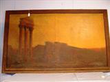 016 - Oil on Canvas, Framed, Ancient Classical Ruins with Figures Holding Spears, 4ft. 8in. X 7ft. 2in., needs repair