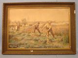 020 - Water Color Paper on Canvas, Framed, English, ca.1890, The Gleaners, Unsigned, Possibly, Myles Birket Foster, image 24in. X 36in, needs Restoration .