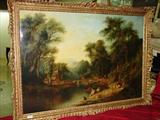 023 - Oil on Canvas, Framed Landscape of Boys Fishing by Stream, Village Scene, 40in. X 55in.