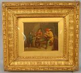 027 - Oil on Tin, in Gold Leaf Frame, 3 men in Tavern Smoking & Drinking, Signed Deniers, 17in. X 16in.