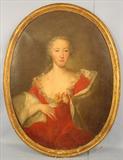 028 - Oil on Canvas of French Lady in Oval Frame wearing a Red Dress, 31.25in. X 42.5in.