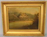 96 - Oil on Canvas, Castle Overlooking Lake, Early 19th Century with Damage, 13.5 in. X 17.5 in., back view