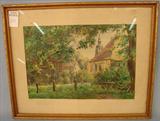 502 - Watercolor of English Cottage, 12 X 15, Small Gold Frame