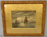 504 - Gold Victorian Frame with Gold Matting of Sailboats, possible Watercolor, not singed, 21 X 25 wide