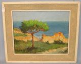 507 - Oil on Canvas of Coast Line, Tree, signed Eizller, 21in. Tall, 25in. Wide, White Frame