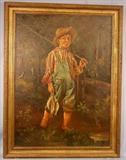 036 - Oil on Canvas, Framed, Huckleberry Finn with Fish Catch and Pole, 37 in X 52 in. Image Frame 45.5 in X 60 in.