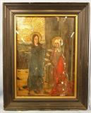 037 - 15th Century Icon on Board in Heavy Ebonized frame of , Visitation of The Blessed Mary by Elizabeth, 25.5 in X 34.5 in, Frame 35 in X 44 in.