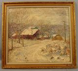 055 - Oil on Canvas, Framed, Winter Snow Farm Scene German, Lewis Greimieaus, 27in. X  30in., Frame 32in. X 35in.