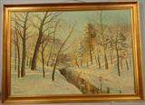 056 - Oil on Canvas, Framed, St. Dyretour Snow Landscape, ca. 1943, German, Image 33in. X 48in., Frame 39in X 54in.