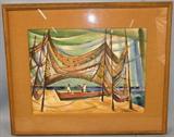 056 - Watercolor Print, Framed, Jamaican Landscape, 1968 Artist - Gruenwald, Image 17in. X 23in., Frame 28in X 34in.