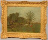 065 - Oil on Canvas Picnic Under Tree, Erna Nev, Ca. 1900, Image 14in X 18in. Frame 20in. X 24in.