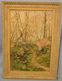 069 - Mildred Scobey Oil on Board, ca. 1930, Garden Scene, 16in. X 24in., Frame 21in. X 29in.
