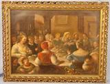 077 - The Last Supper Oil on Canvas, ca. 1840, Italy, Image Size 30in. X 41in., Frame 38in. X 49in.