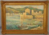 078 - Oil on Canvas, French Coast by J'Aguiler, 1977, in Gold Frame, 24in. X 36in., frame 31in. X 43in.