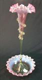 325 - Cranberry Opalescent Victorian Single Epergne with Ruffled Base and Top and Applied Vasaline Glass Decoration,   21 in. T. 10 in. Dia.