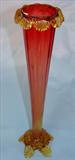 332 - Rubena Verdi Footed Amberina Vase with Applied Shell Rim 15 in. T. X 4 in. Dia.