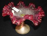358 - Overshot Cranberry Sandwich Glass Card Reciever with Fluted Edge and Silver Plate Base 6 in. T. X 9.5 in. Dia.